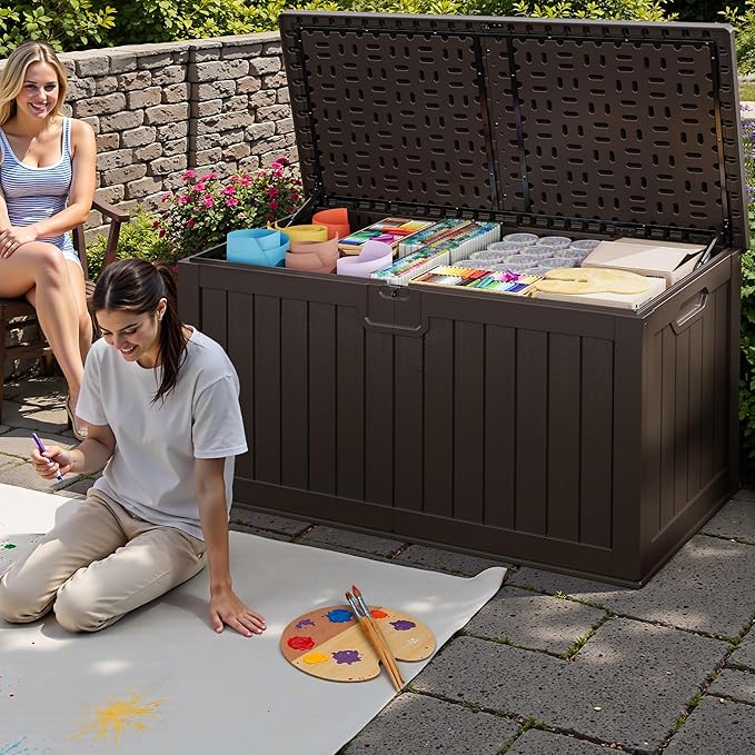 JUMMICO 250 Gallon Outdoor Resin Deck Box with Divider, Waterproof Storage Box with Lockable Lid&Side Handles for Garden Tools, Pools Supplies (Brown) - Image 6