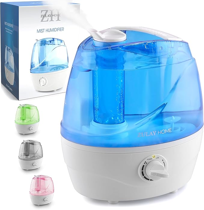 Zulay Cool Mist Humidifiers (2.2L Water Tank) - Quiet Ultrasonic Humidifiers For Bedroom with Auto-Shutoff Feature - Air Humidifier For Plants, Babies Nursery and Kids Room (Blue) by Zulay+Home