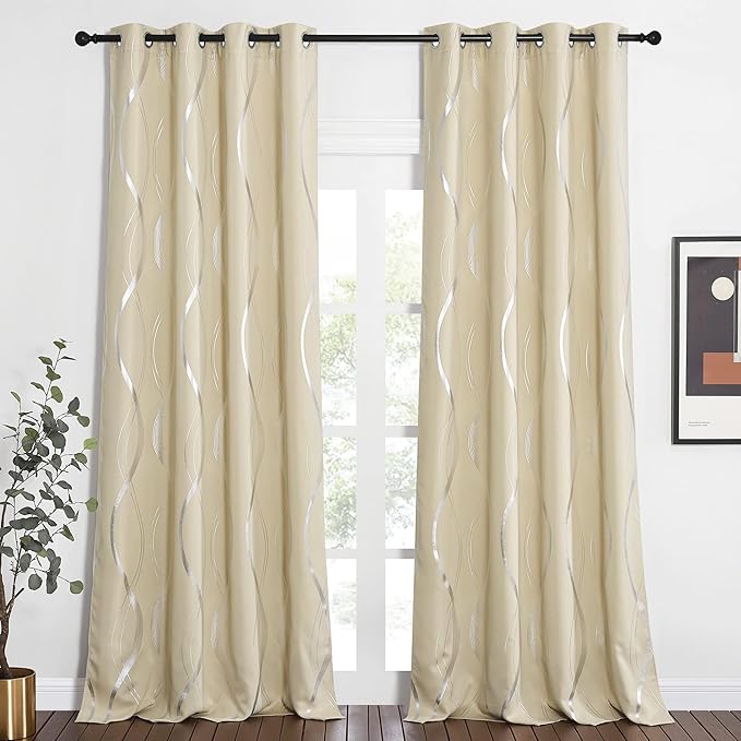 NICETOWN Blackout Curtains 90" Long 2 Panels, 52", Biscotti Beige, Foil Printed Wave Lines Energy Saving Thermal Insulated Blackout Draperies for Patio Hall Studio - Image 2