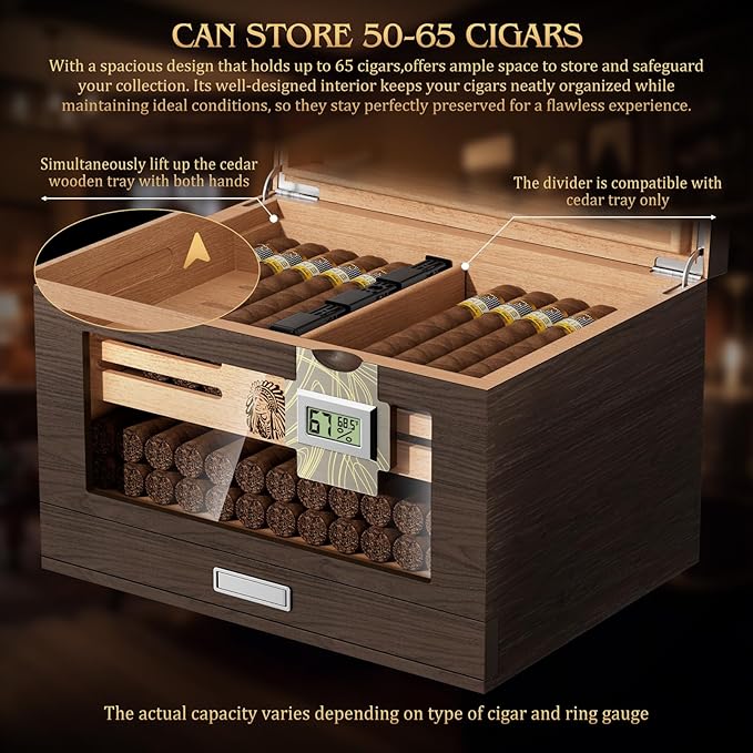 TISFA Cigar Humidor Cedar Wood Cigar Box with 2 Digital Hygrometer, 2 Humidifiers, Cedar Tray, Divider, Accessory Drawer, Glass Top Large Desktop Humidors and Acrylic Travel Cigar Tube Gifts Set - Image 5