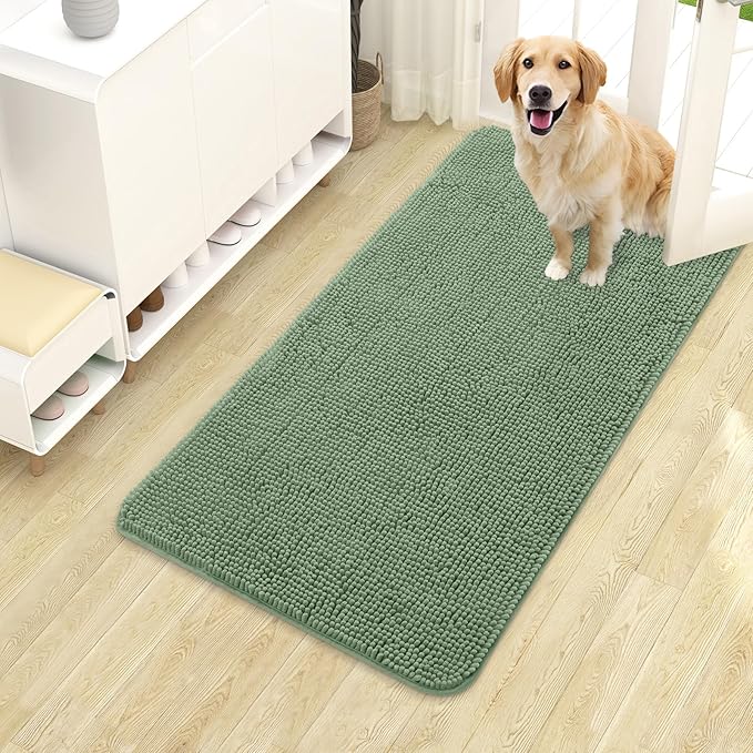 OLANLY Dog Door Mat for Muddy Paws 40x24, Absorbs Moisture and Dirt, Absorbent Non-Slip Washable Doormat, Quick Dry Chenille Mud Mat, Entry Indoor Entryway Carpet for Inside Floor, Olive Green by OLANLY