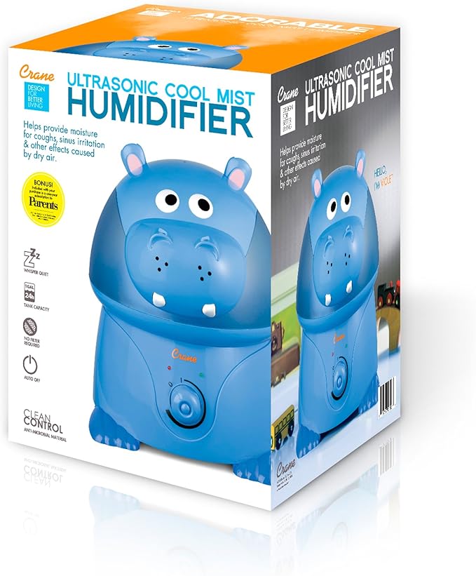Crane Animal Humidifier for Kids Bedroom, 1 Gal. Cool Mist Humidifier with Adjustable Settings, Optional Filter, Auto Shut-Off, Hippo - Image 4