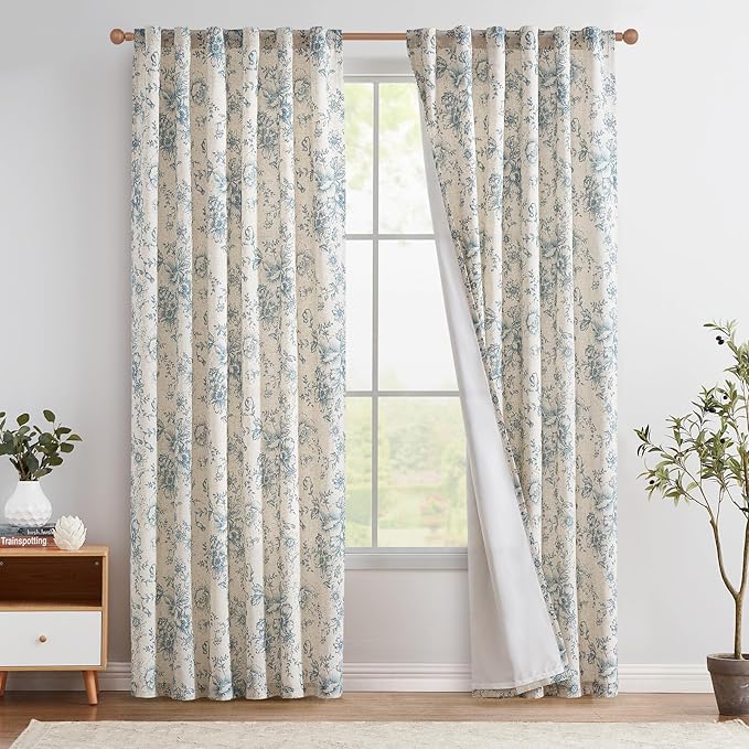 jinchan Lined Linen Blend Curtain Floral Curtains for Living Room 84 Inches Long Blue Peony Flower Printed Curtain Rod Pocket Back Tab Farmhouse Patterned Drapes Bedroom Window Curtains Set 2 Panels by JINCHAN