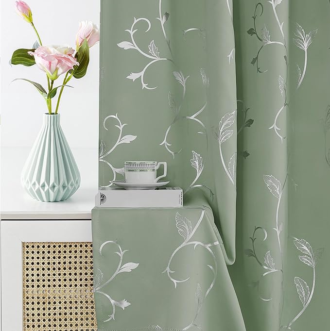 BUHUA Blackout Curtains Silver Foil Print Flower Vine Grommet Drapes, Room Darkening Thermal Insulated Curtains, Noise Reducing Curtain for Bedroom, Sage Green, 52Wx84L, 2 Panels - Image 4
