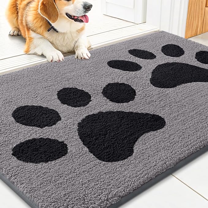 Smiry Dog Door Mat for Muddy Paws, Absorbs Moisture and Dirt, Low-Profile Entryway Mat with Non-Slip Backing, Entry Indoor Outdoor Doormat for Inside Floor (30x20 Inches, Grey, Paw) by Smiry