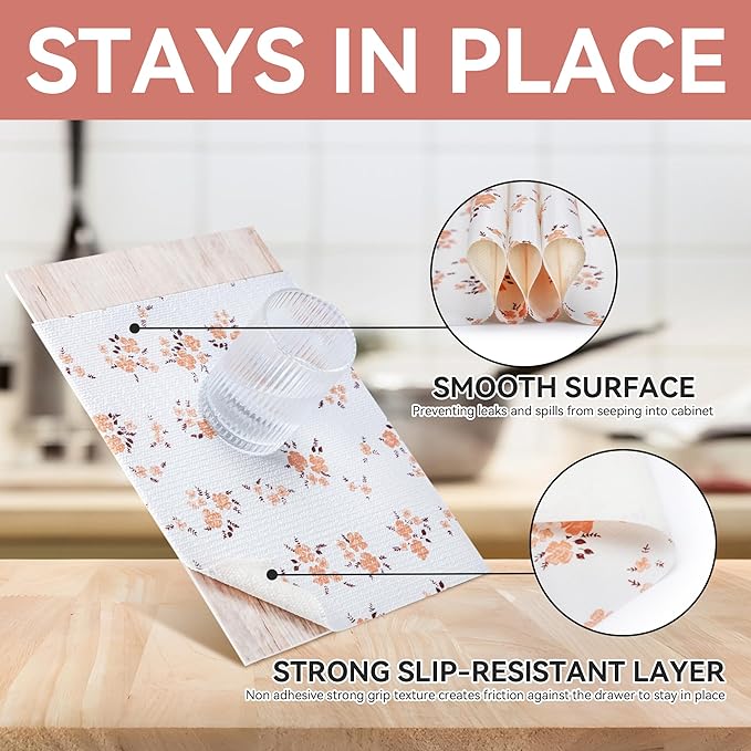 RAY STAR Shelf Liner, Non Adhesive Pink Orange Floral Printed Kitchen Cabinet Liner for Pantry Drawer Vanity, Strong Grip Non Slip, Shelf Liners for Kitchen Cabinets Cupboard 12 Inch x 10 FT (4 Rolls) - Image 3
