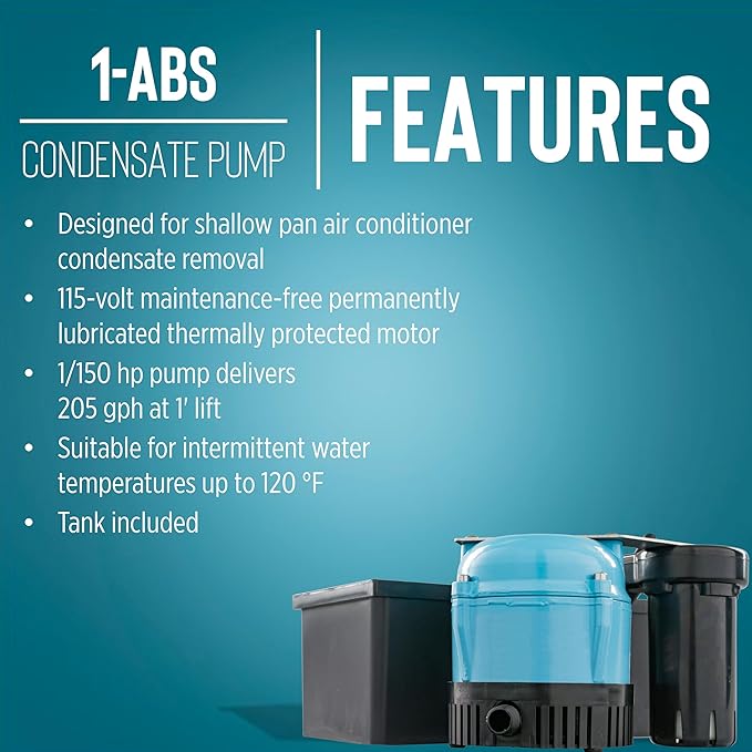 Little Giant 1-ABS 115-volt, 1/150 HP, 205 GPH Automatic Shallow Pan Condensate Removal Pump for Ceiling Mounted Air Conditioners or Dehumidifiers, with Condensate Collection Tank, Black/Blue, 550522 - Image 6