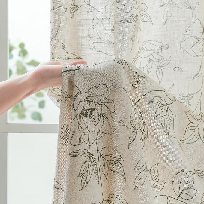 jinchan Floral Linen Curtains for Living Room 63 Inch Length Green Flower Curtain Rod Pocket Back Tab Farmhouse Curtains with Printed Floral Bedroom Window Curtain Set, 2 Panels Green - Image 6