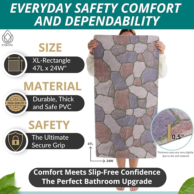 Anti Slip Shower Mat - Non Slip Shower Mats for Inside Shower - Large 47x24 Loofah Shower Floor Mat Non Slip - Bath Mat for Shower - Secure Mat Without Suction Cups (47x24 Stone Path) - Image 3