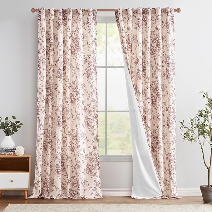 jinchan Lined Linen Blend Curtain Floral Curtains for Living Room 108 Inches Long Farmhouse Red Flower Printed Curtain Rod Pocket Back Tab Peony Patterned Drapes Curtains Set 2 Panels by JINCHAN
