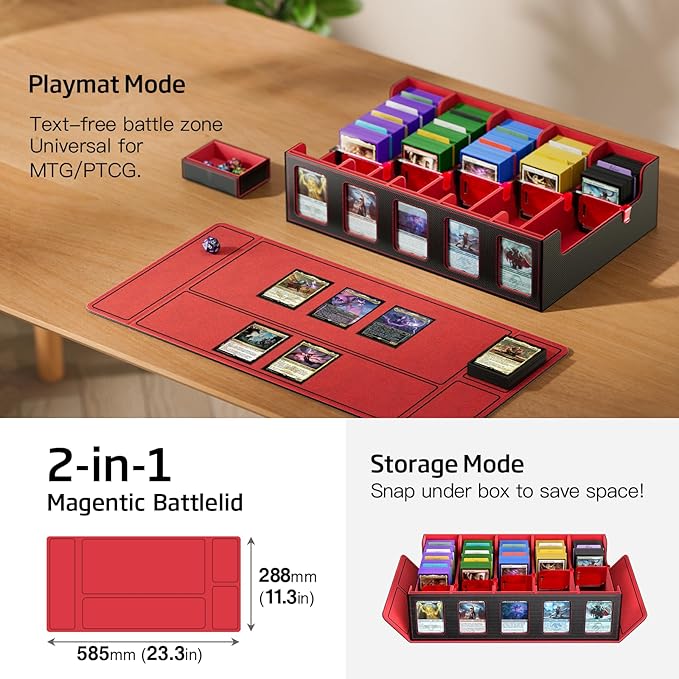 Trading Card Storage Box 5-Row 3900+ Capacity,TCG MTG Card Case with Magnetic Lid & Commander Display,Top Loader Storage for Sports Cards,Includes Dividers Dice Box（Black＆Red） - Image 6