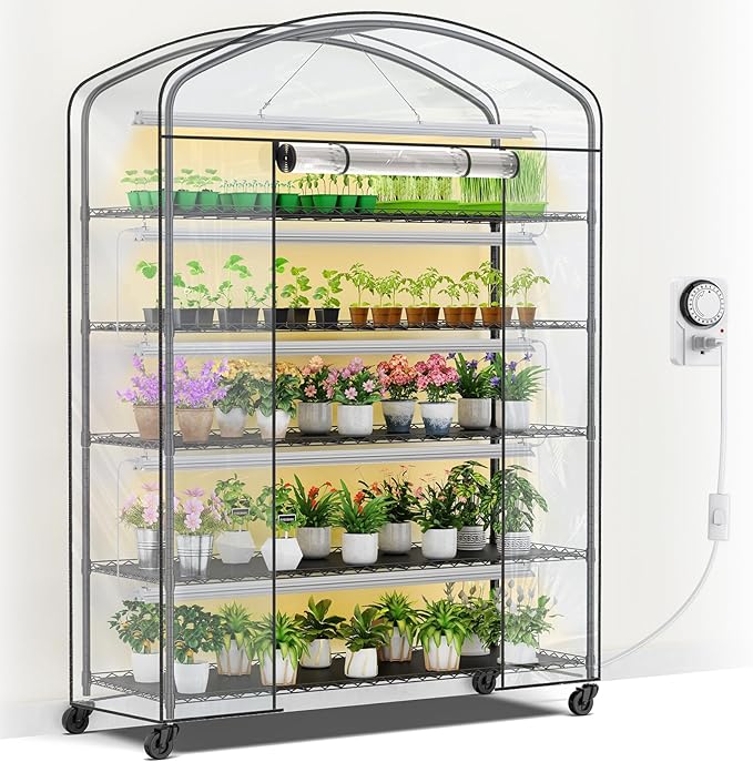 Abimars 5-Tier Greenhouse with Grow Light, Shelf Height Adjustable Metal Plant Shelf with PVC Cover and Wheels, Includes 5-Pack 2900K Full Spectrum Plant Lights, 21x60x80inch by Abimars