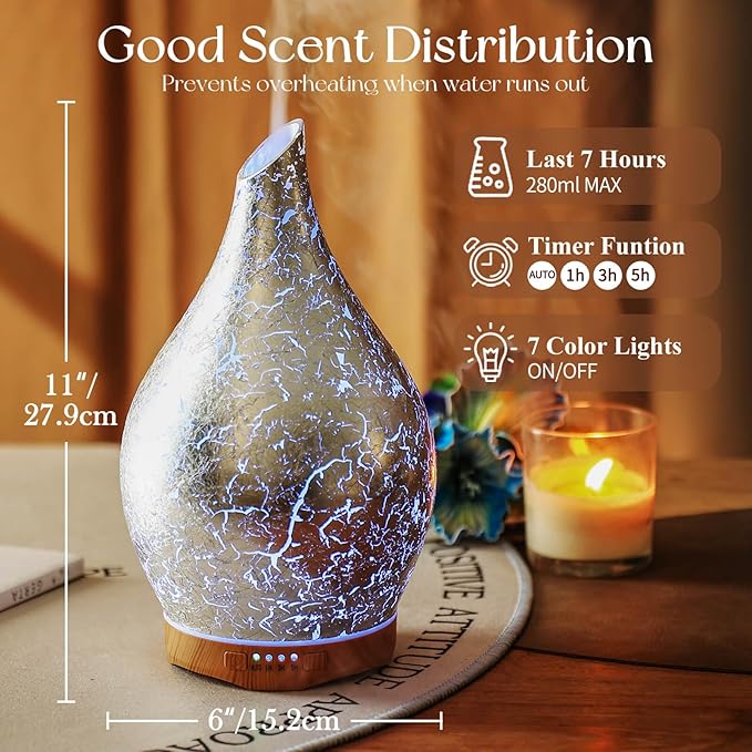 Porseme 280ml Essential Oil Diffuser, 3D Glass Aromatherapy Diffusor, Ultrasonic Cool Mist BPA Free Aroma Humidifier with Timer and Color Changing Function, Waterless Shut-Off for Home Office Room - Image 3