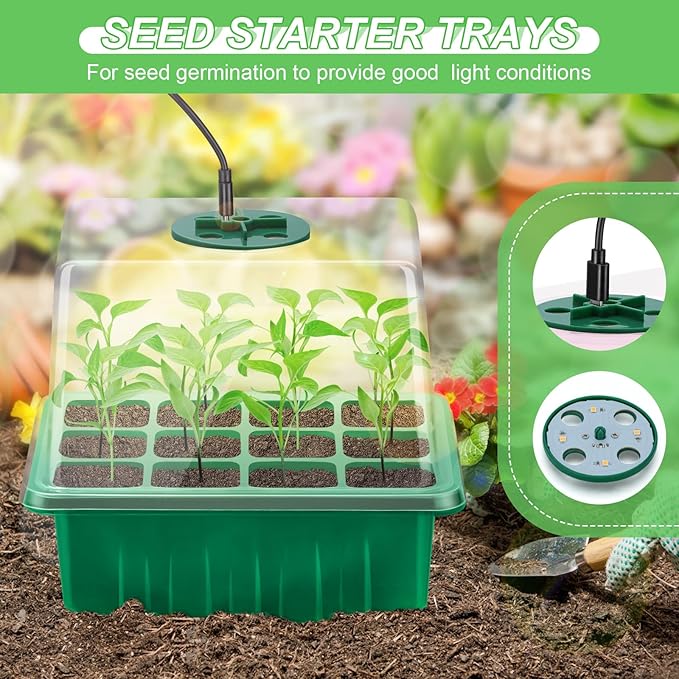 Lunies 6 Packs Seed Starter Tray with Grow Light, Indoor Greenhouse Seeding Starter Trays for Planting, Base Gardening Plant Germination Kit, Seed Starter Kit with Humidity Domes, (12 Cells per Tray) - Image 3