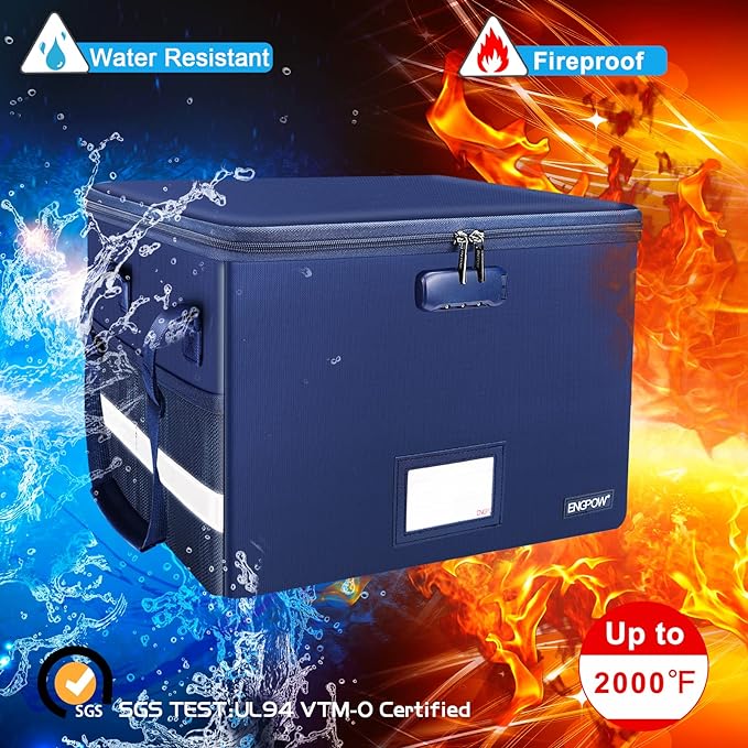 ENGPOW File Box with Lock, Fireproof Document Box with Pockets, Collapsible File Organizer Filing Storage Cabinet with Handle, Portable Home Office Safe for Hanging Letter/Legal Folders, Blue, 2 Pack - Image 3