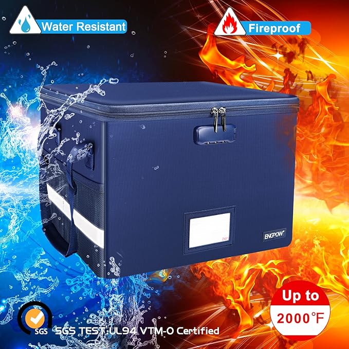 ENGPOW File Box with Lock, Fireproof Document Box with Zipper＆Pockets, Collapsible File Organizer Filing Storage Cabinet with Handle, Portable Home Office Safe for Hanging Letter/Legal Folder, Blue - Image 3