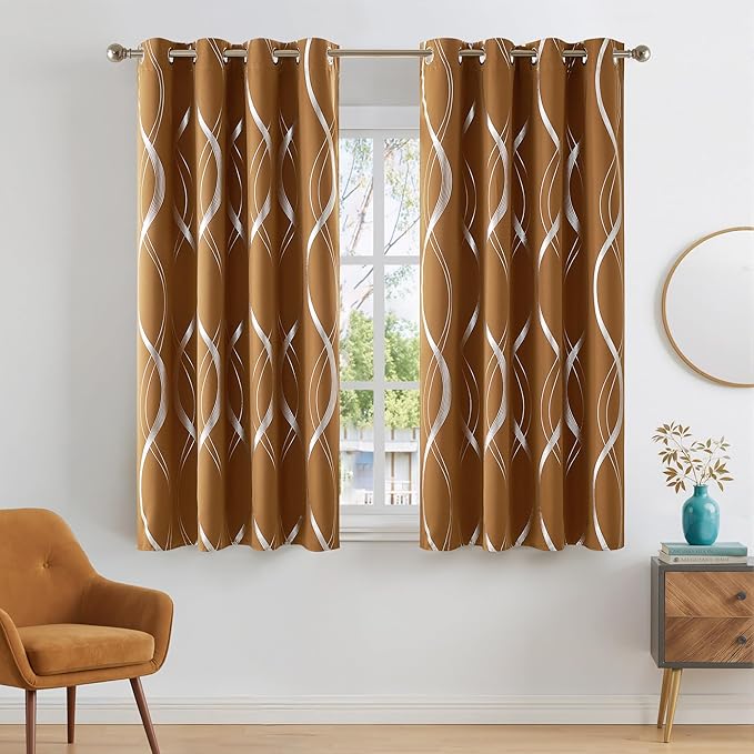 NICETOWN Gold Brown Blackout Curtains 63 inch Long for Fall, Energy Saving Thermal Insulated Foil Print Patterned Design Drapes for Kitchen, W52 xL63, 2 Panels by NICETOWN