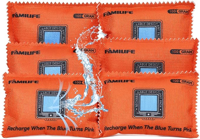 FAMILIFE 100g Rechargeable Desiccant Packs for Storage, Reusable Dehumidifier Bags Color Indicating Silica Gel Packets Portable Moisture Absorbers for Storage Bins, Car, Closet, Gun Safe, Electronics by FAMILIFE