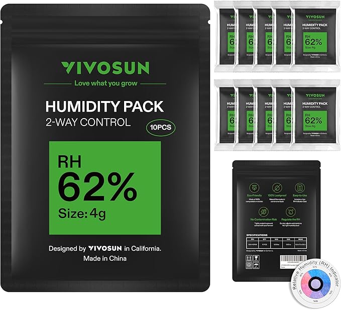 VIVOSUN 62% RH Two-Way Humidity Control Packs, Size 4 g, 10 Packs for Storing 1/2 oz, Moisture Balancer with RH Indicator Card for Food & Herb Storage by VIVOSUN