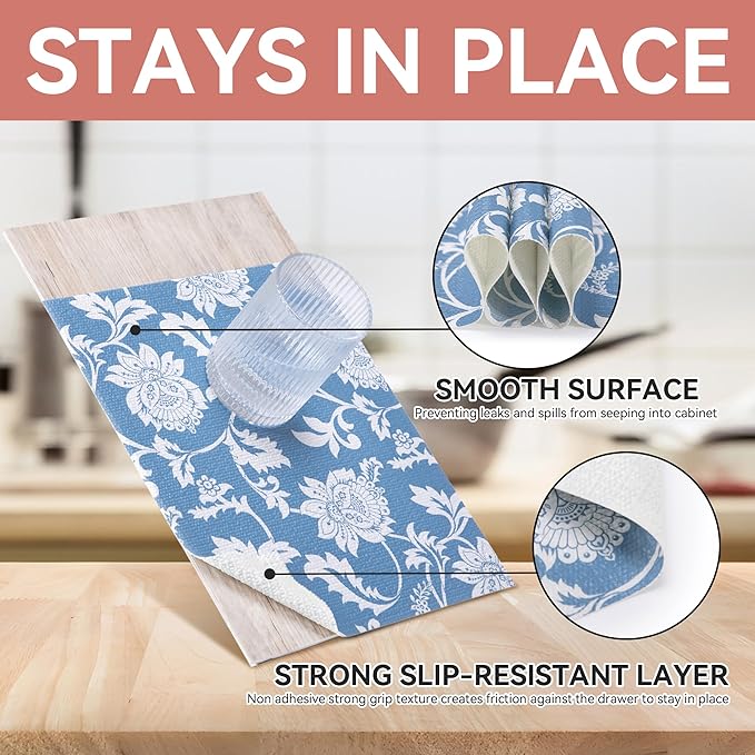 RAY STAR Shelf Liner, 12 Inch x 10 Feet Non Adhesive Floral Kitchen Cabinet Liner for Pantry Drawer Vanity, Strong Grip Non Slip Waterproof, Blue Shelf Liners for Kitchen Cabinets Cupboard - Image 3