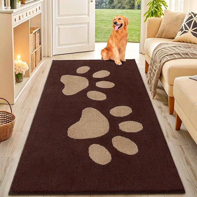 Smiry Dog Door Mat for Muddy Paws, Absorbs Moisture and Dirt, Low-Profile Entryway Mat with Non-Slip Backing, Entry Indoor Outdoor Doormat for Inside Floor (59x35 Inches, Brown, Paw) by Smiry