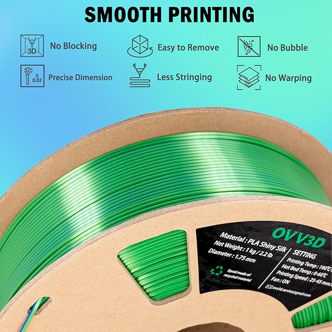 OVV3D PLA Filament 1.75mm, Silk PLA Dual Color Blue Green 3D Printer Filament, High Speed 3D Printing Filament，Silk Blue Green Filament 1.75mm+ /- 0.02mm，1 kg - Image 6