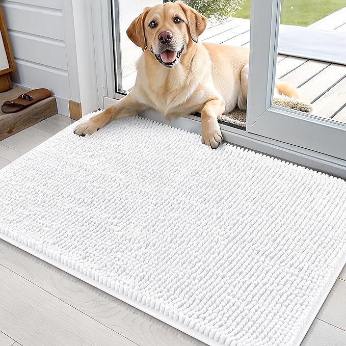 OLANLY Dog Door Mat for Muddy Paws 36x24, Absorbs Moisture and Dirt, Absorbent Non-Slip Washable Doormat, Quick Dry Chenille Mud Mat for Dogs, Entry Indoor Entryway Carpet for Inside Floor, White by OLANLY