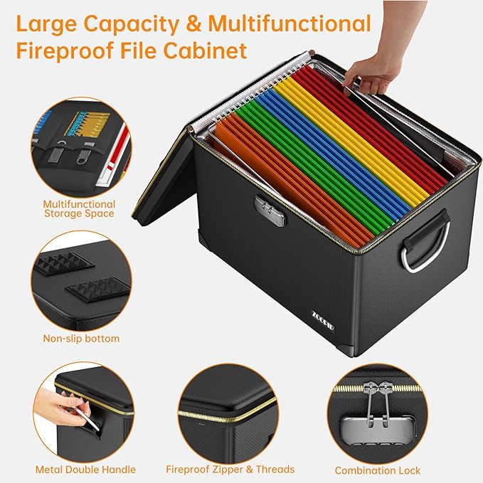 Fireproof Document Box,Hard Case File Organizer with Fireproof Zipper&Threads,Non-Foldable Filing Cabinet with Lock, Portable Office Safe Box Storage for Hanging Letter Folder,Valuables,Black - Image 3