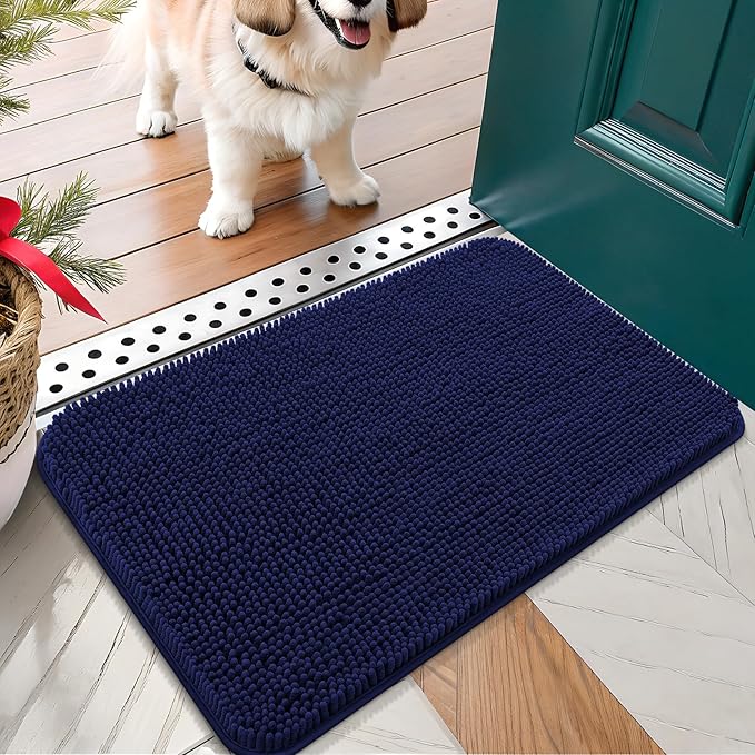 OLANLY Dog Door Mat for Muddy Paws 30x17, Absorbs Moisture and Dirt, Absorbent Non-Slip Washable Doormat, Quick Dry Chenille Mud Mat for Dogs, Entry Indoor Entryway Carpet for Inside Floor, Navy Blue by OLANLY