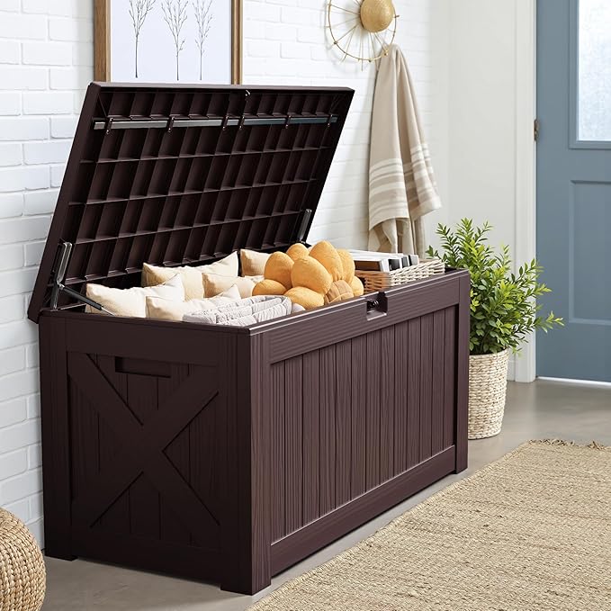 JUMMICO 120 Gallon Resin Deck Box, Large Outdoor Storage Box Waterproof & Lockable for Garden, Patio, Pools (Deep Brown) - Image 6