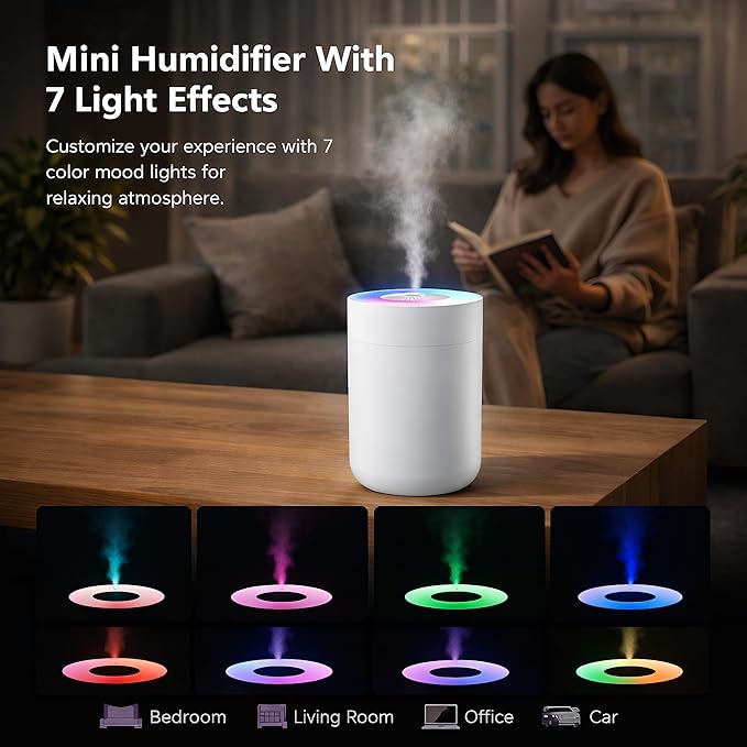 230ML Humidifier for Bedroom, Air Humidifier for Home, Plant Humidifiers Indoor Small with LED Colorful Gradient Light, USB Powered for Desk, Car, Travel, Hotel Room (White) - Image 3