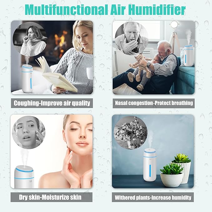 Small Humidifiers for Bedroom Nightstand Room 400ML USB Humidifer Plant Cool Mist Humidifier Easy Clean Travel Mini Portable Personal Desk Car Quiet Auto Shut-off Air Humidifier with Led Lights - Image 3