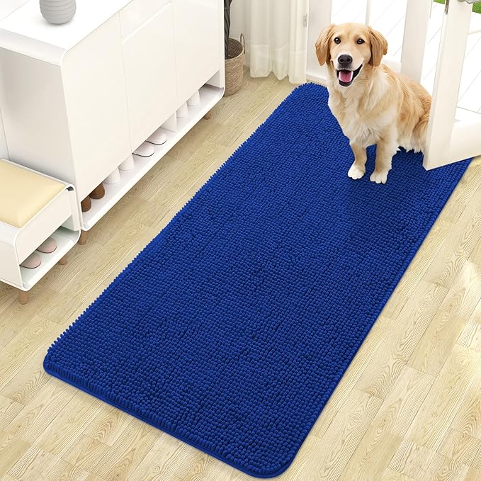 OLANLY Dog Door Mat for Muddy Paws 47x24, Absorbs Moisture and Dirt, Absorbent Non-Slip Washable Doormat, Quick Dry Chenille Mud Mat for Dogs, Entry Indoor Entryway Carpet for Inside Floor, Royal Blue by OLANLY