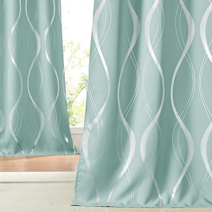 NICETOWN Aqua Blue Foil Print Curtains 90 inch Long for Patio, Wave Silver Line Pattern Drapes Contemporary Style for Elegant Home Decoration, W52 x L90 inch, 2 Panels - Image 7