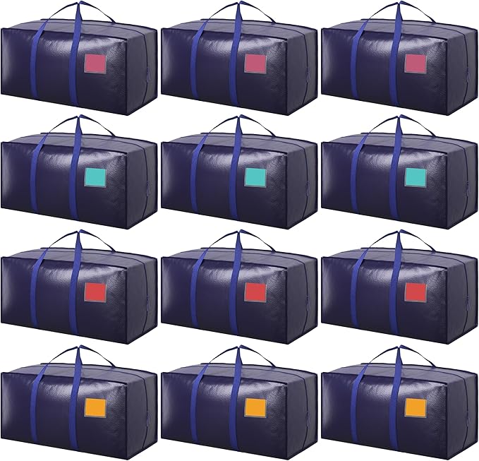 12 Pack Extra Large Heavy Duty Moving Bags with Reinforced Zipper & Wide Handles, Moisture-Resistant Storage Bins Packing Cubes for Clothes, College Dorm, Travel, and Home Organization, DarkBlue by Unknown