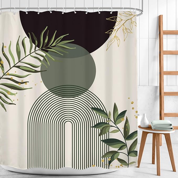 Dark Green Boho Shower Curtain 60Wx72H Black Green Modern Bohemian Mid Century Abstract Gold Leaves Plant Bathroom Decor Minimalist Geometric Neutral Bath Curtain Fabric Polyester 12 Pack Hooks - Image 2