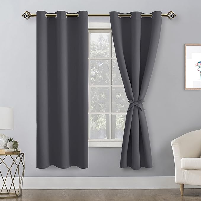 Hiasan Grommet Blackout Curtains for Bedroom, 38 x 63 Inches Length - Thermal Insulated & Light Blocking Window Curtains for Living Room, 2 Drape Panels Sewn with Tiebacks, Dark Grey - Image 2
