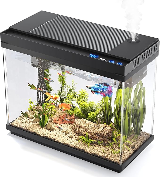 Fish Tank, 2.4 Gallon Fish Aquarium, Fish Tank Starter kit with Smart Humidifier, Temperature Display, 7-Color Lighting, 3 in 1 Quiet Pump with Filteration & Oxygenation & Circulation by VEHIPA