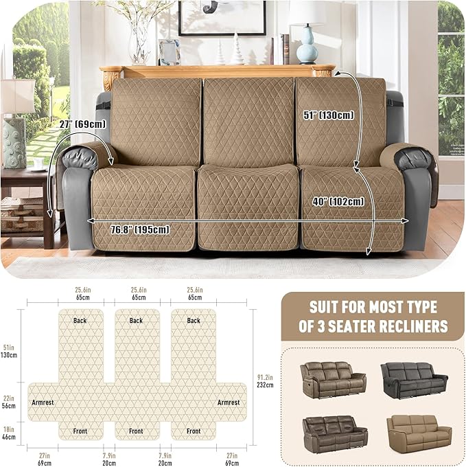TAOCOCO 100% Waterproof Recliner Cover, Non-Slip Washable Reclining Couch Cover with Elastic Leg Straps, Furniture Protector for Dogs (Camel, 3 Seater) - Image 3