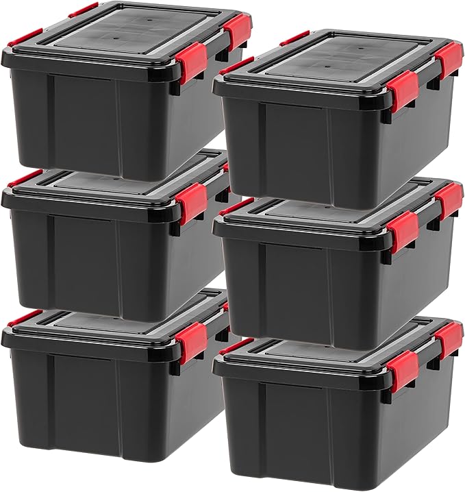 IRIS USA WeatherPro 19 Qt Storage Bins with Lids, 6 Pack, BPA-Free Plastic Gasket Box with Tight Latch and Seal, Stackable Nestable Tote Tub - Black/Red by IRISUSA