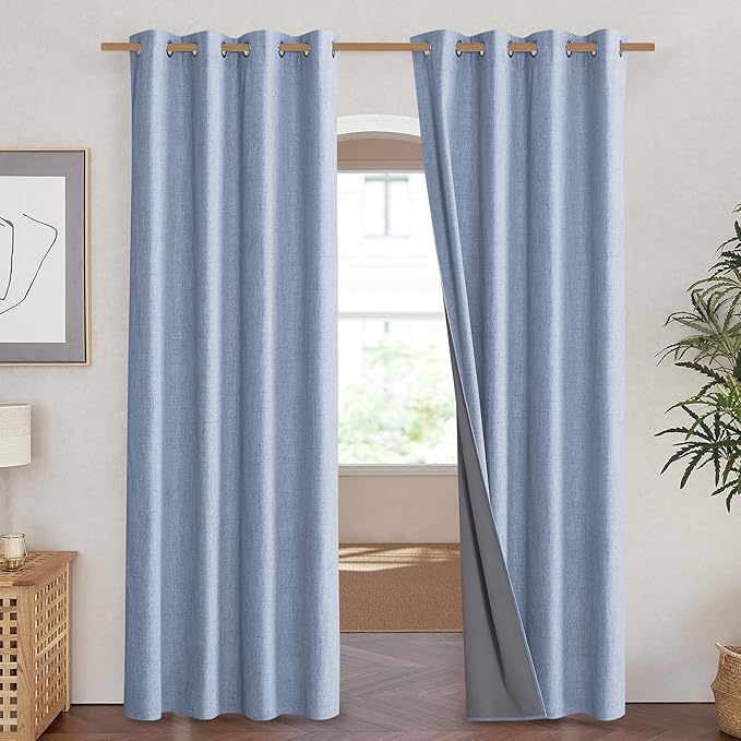 NICETOWN Stone Blue Vintage Linen 100% Blackout Curtains for Living Room, Thermal Insulated Curtains 84“ Long, Noise Reducing Window Treatment Drapes for Hall Room, 52" Wide Per Panel, Set of 2 - Image 2