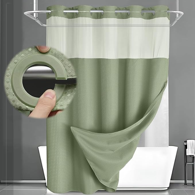 No Hook Shower Curtain and Liner Set,Sage Green Hotel Waffle Shower Curtain with Liner 75" L x 72" W by Unknown