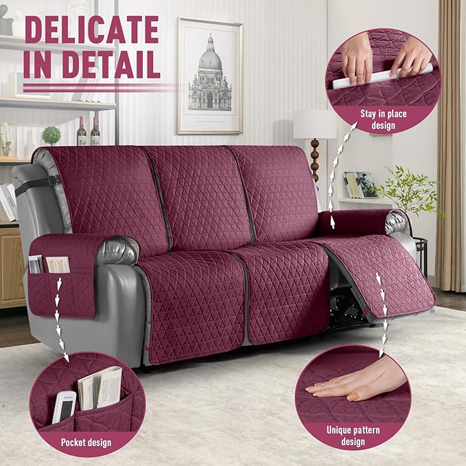 TAOCOCO 100% Waterproof Recliner Cover, Non-Slip Washable Reclining Couch Cover with Elastic Leg Straps, Furniture Protector for Dogs (Wine, 3 Seater) - Image 6