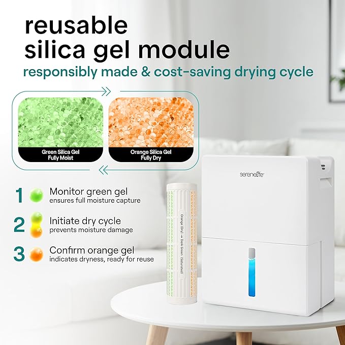 SereneLife 2-in-1 91 Oz Dehumidifier For Home, Bedroom, Bathroom, Basement with Removable Cylinder & Drying Base, Timer, Sleep Mode, & Smart Humidity Control, Covers 1200 Sq Ft 9 x 6 x 13 in, White - Image 6