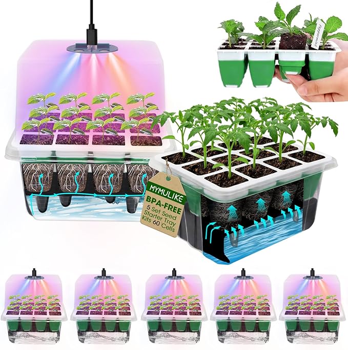 Seed Starter Tray with Grow Light,5 Pack 60 Cells Seedling Tray Kit Reusable & Dishwasher Safe for Starting Vegetable, Flower & Herb Seeds Indoor Grow Kit for Deep-Rooted Seedlings by MYMULIKEHOME