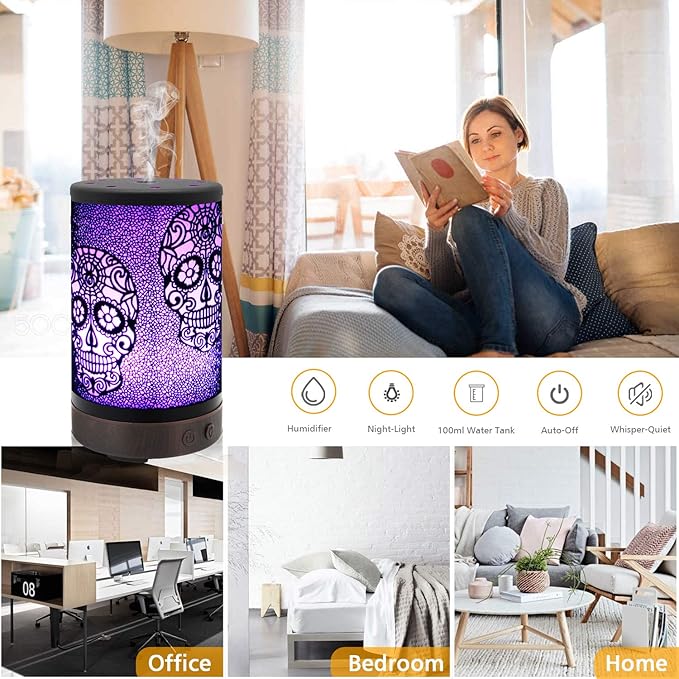 Skull Essential Oil Diffuser, Daroma 100ml Metal Aromatherapy Ultrasonic Cool Mist Humidifier Air Scent Home Office Gift, 7 Colors Changed LED Mood Light, Waterless Auto-Off - Image 4