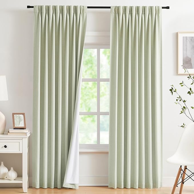 Kayne Studio Soft Green Pinch Pleated Full Blackout Curtains 90 Inch Linen Blend Thermal Insulated Soundproof Room Darkening Back Tab Window Drapes with Hooks for Living Room Bedroom(2 Panels,40"x90") - Image 7