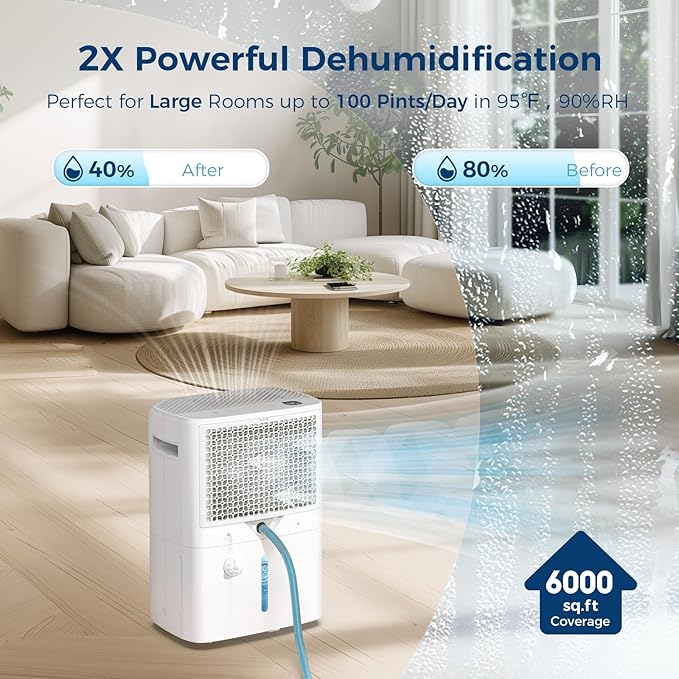 Dehumidifier for Basement with Drain Hose, 100 Pint 6,000 Sq. Ft Energy Star Dehumidifier for Large Home & Room, Quiet Dehumidifiers with Adjustable Humidity Control,24H Timer, 1.5 Gal Water Bucket - Image 2