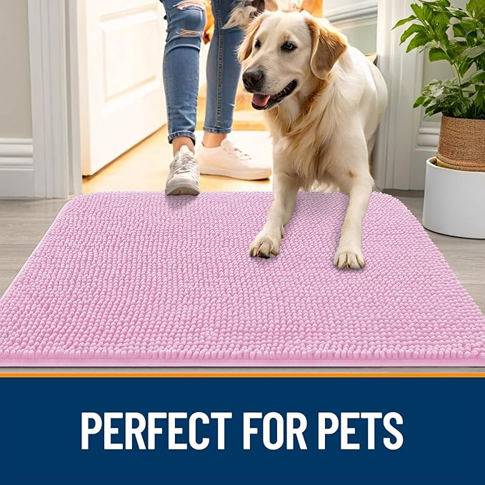 OLANLY Dog Door Mat for Muddy Paws 70x46, Absorbs Moisture and Dirt, Absorbent Non-Slip Washable Doormat, Quick Dry Chenille Mud Mat for Dogs, Entry Indoor Entryway Carpet for Inside Floor, Pink - Image 6
