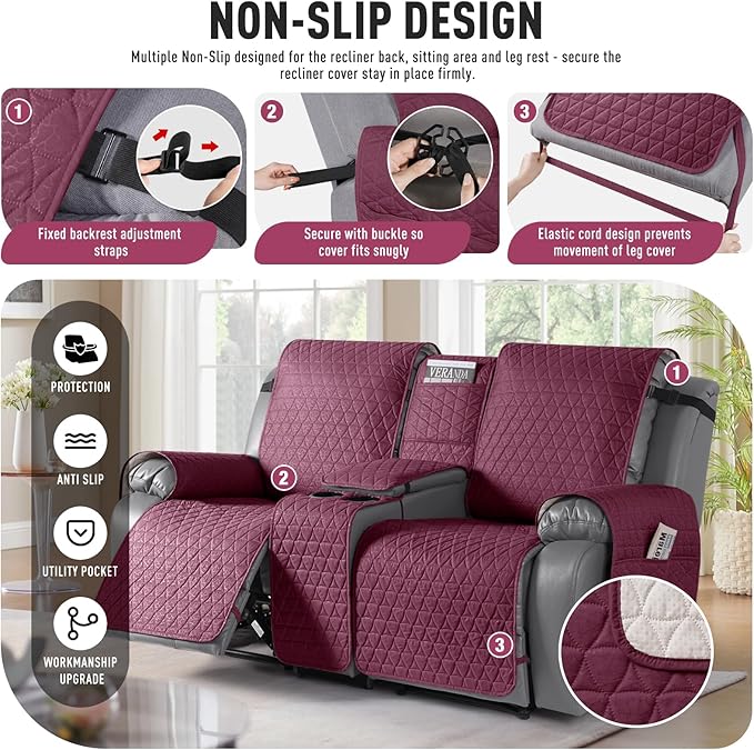 TAOCOCO 100% Waterproof Loveseat Recliner Cover with Console, Non-Slip Washable Reclining Couch Cover for 2 Seats, Furniture Protector for Dogs, Wine - Image 5